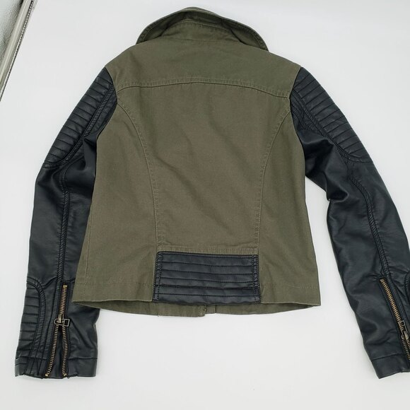 Aqua Bloomingdales Moto Jacket Size S Black Faux Leather Sleeves Army Green - Picture 2 of 8